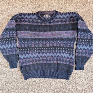 Vintage Lake Harmony USA Mens XL Cotton Fair Isle Geometric Knit Sweater Navy